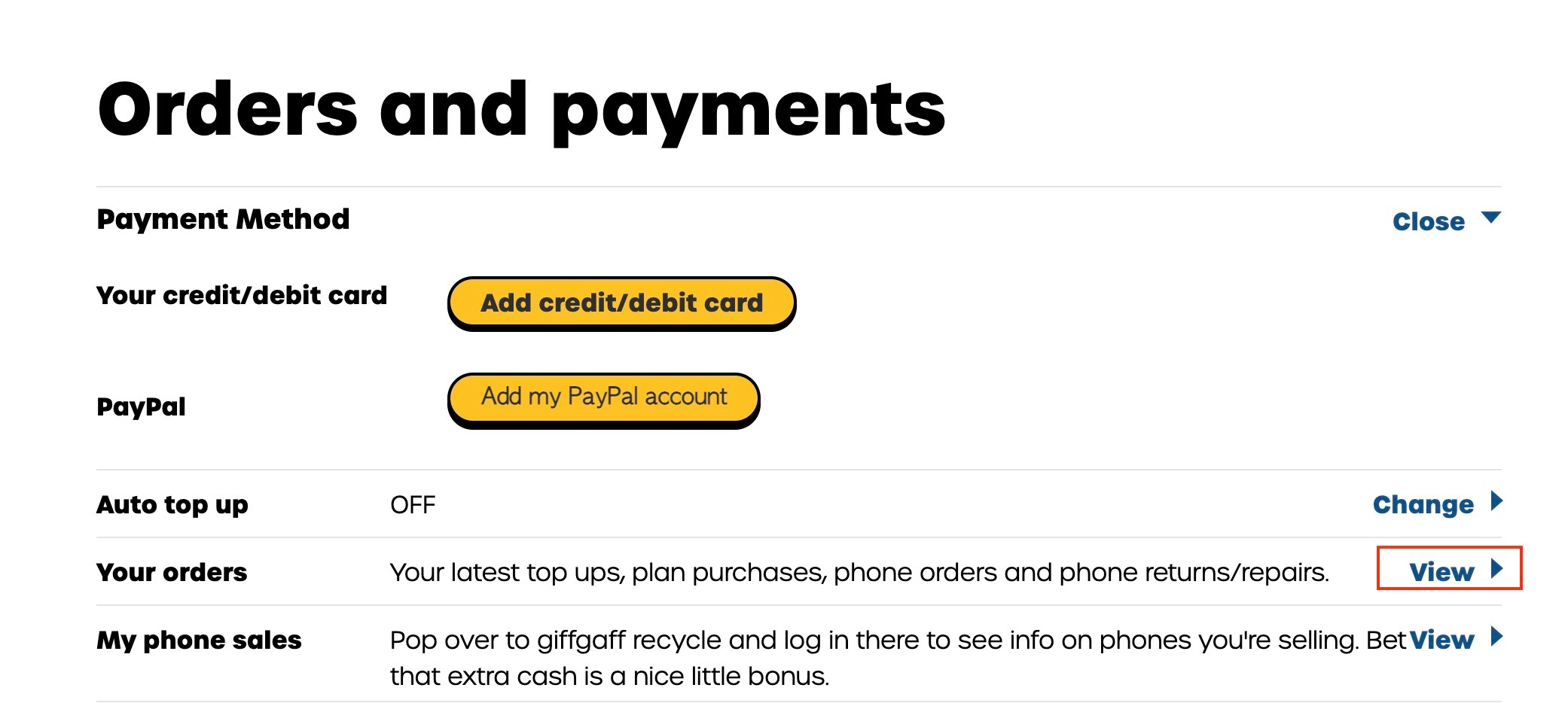 Orders and payments 页面